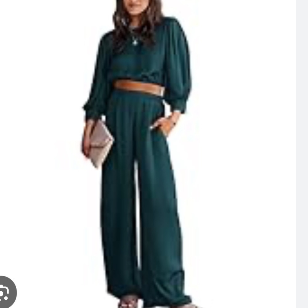 Long Puff Sleeve Crop Tops Loose Wide Long Palazzo
Pants new emerald green - Picture 2 of 11